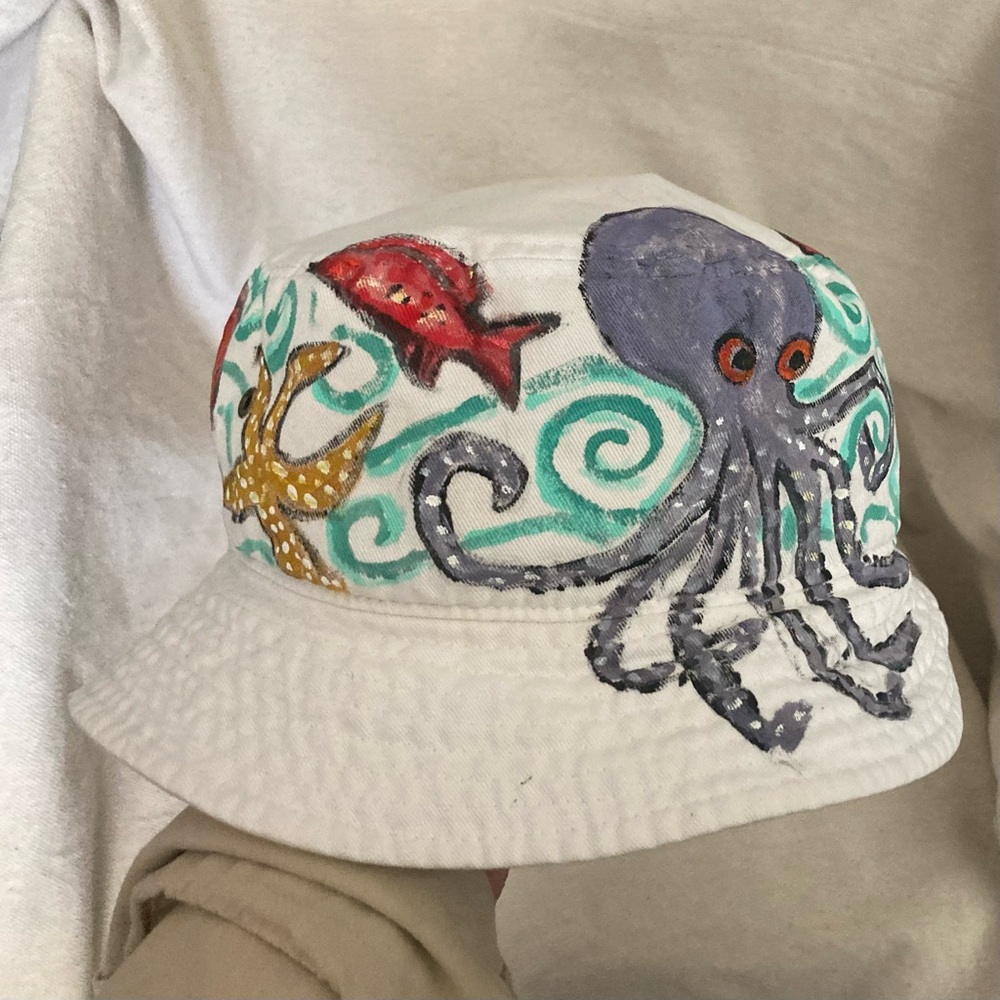 Handpainted Bucket Hat with Octopus